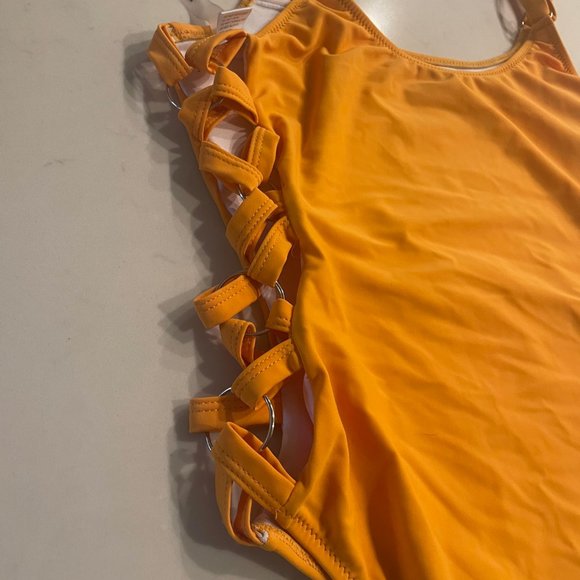 Mustard / Yellow Crisscross Lace Up Slimming One Piece Swimsuit - Picture 12 of 13